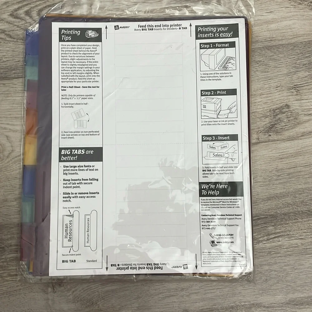 NWT Avery Insertable Big Tab Two Pocket Plastic Reference Dividers # 11907 8 Tab